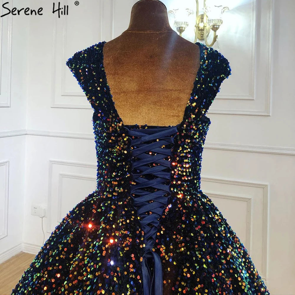 Indigo Blue Gold V-Neck Luxury Evening Dresses 2024 Sleeveless Sequined Sexy Ankle-Length Formal Gowns Serene Hill HA2154