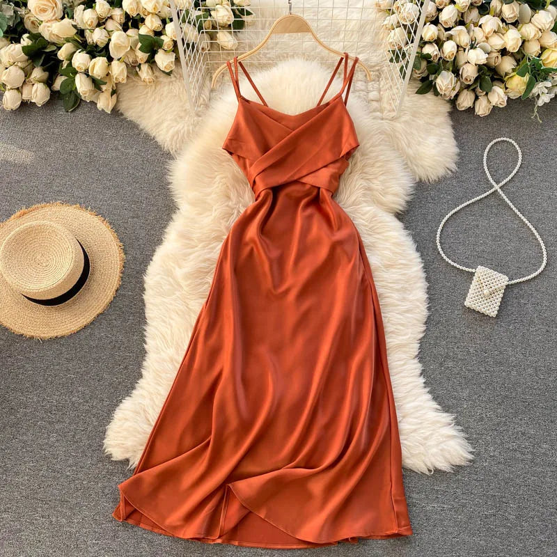 New Women Casual Long Dress Summer Cross V-neck Sexy Off-shoulder Dresses Ladies Sleeveless Slim Satin Long Robe Vestidos