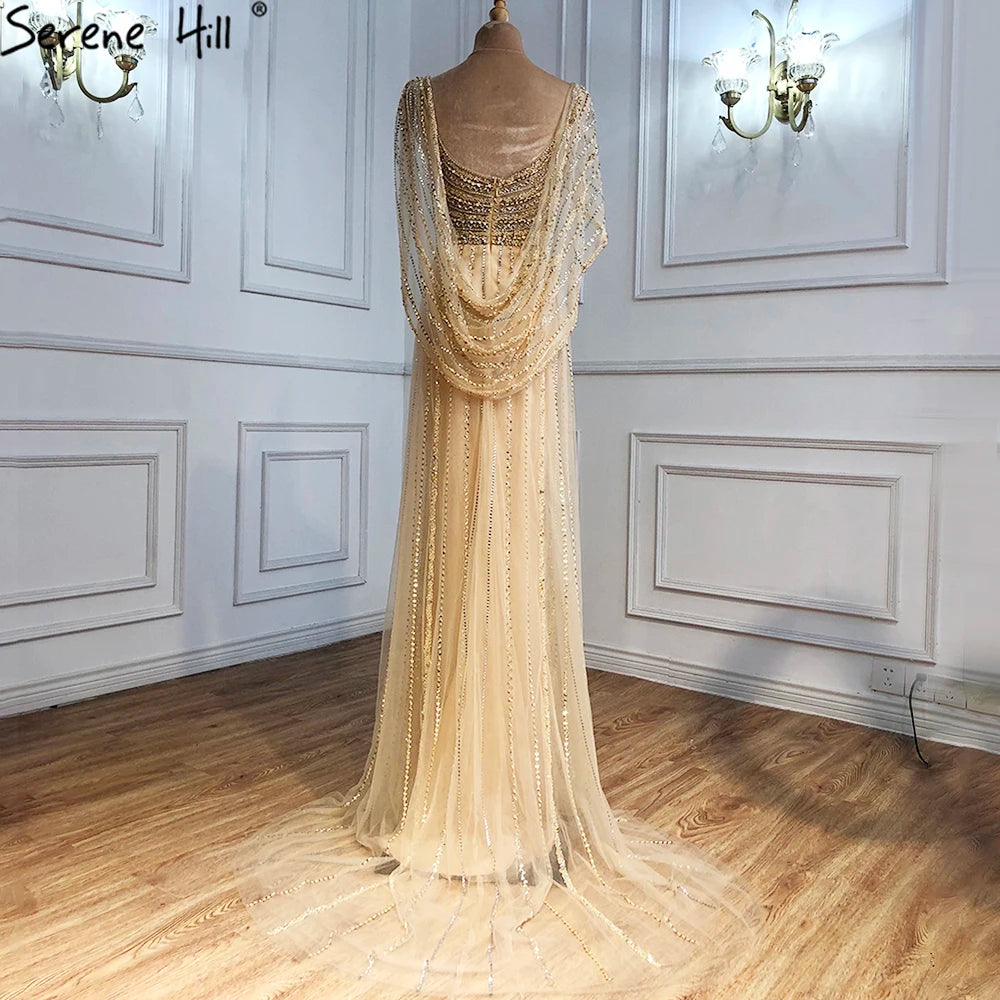 Luxury Champagne Split Evening Dresses 2024 Diamond Beaded Sleeveless Mermaid Formal Serene Hill LA70301