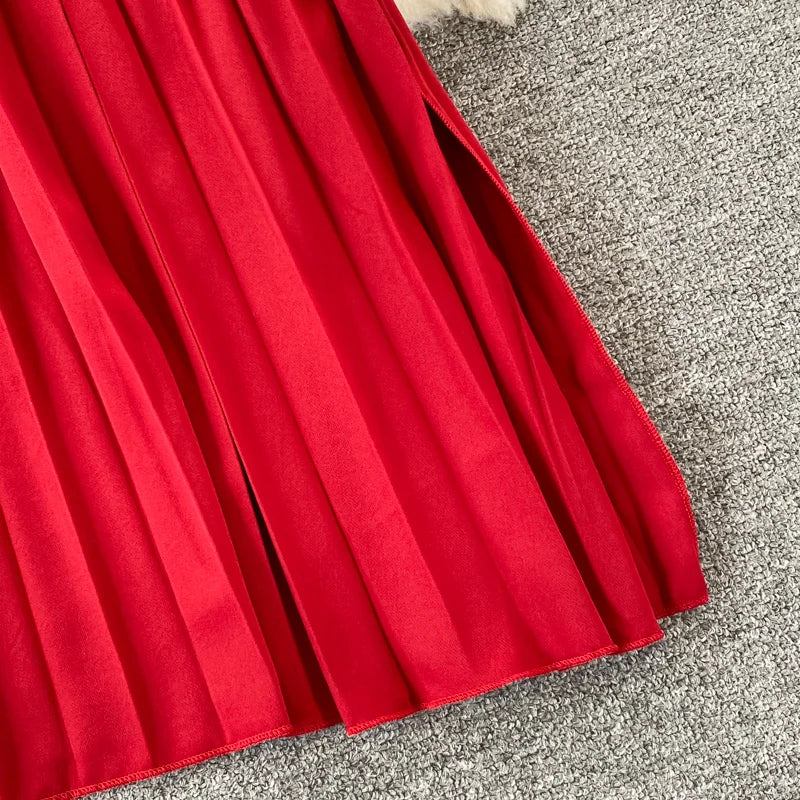 Pinkou Women Stylish Solid Midi Dress Spaghetti Straps O Neck Pleated Red Black Summer Beach Style Mid Calf Dresses QA655