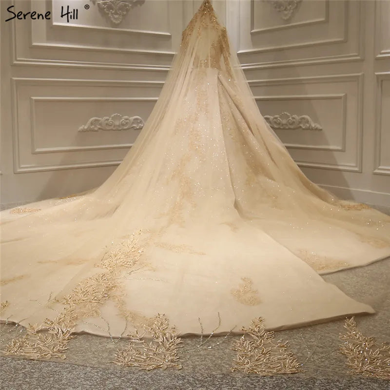 Gold Extreme Luxury Long Sleeves Wedding Dresses 2024 Handmade Flowers Sequined Vintage Bridal Gown HA2184 Custom Made