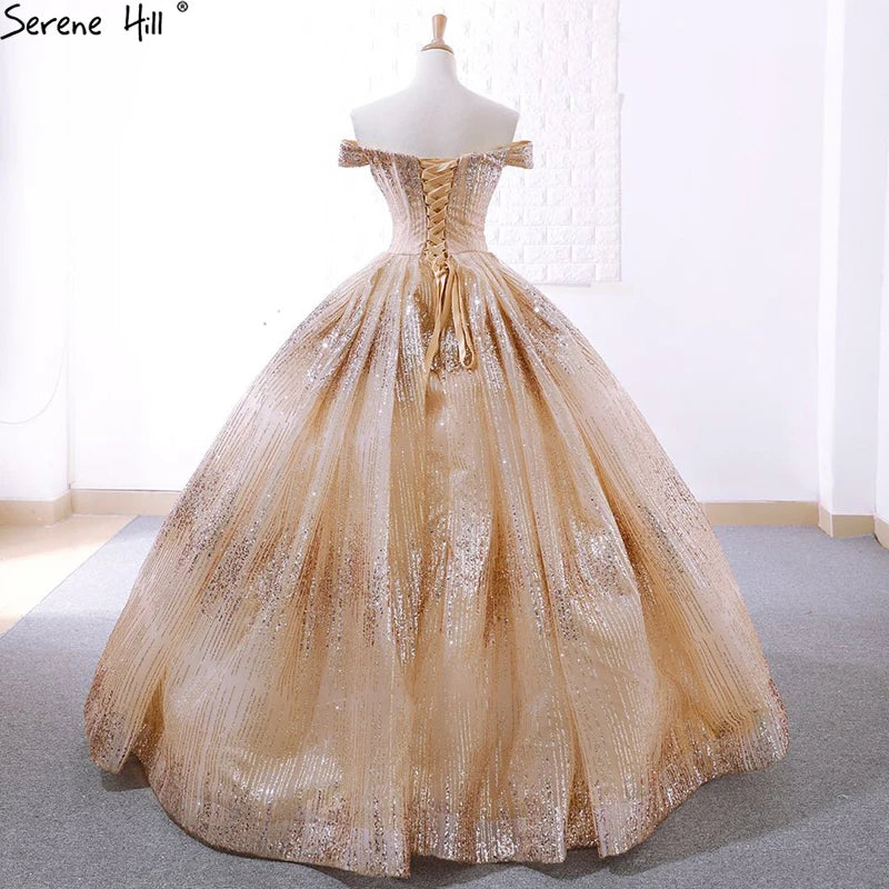Champagne Vintage Luxury Sparkle Bridal Wedding Dress 2024 Off Shoulder Sexy Fashion Lace Up Wedding Gown Real Photo 66659
