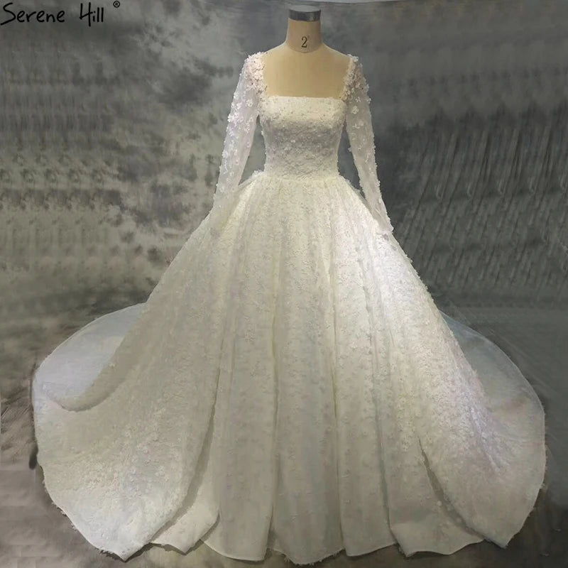 Dubai New White Luxury Big Trian Wedding Dress 2024 Long Sleeves Handmade Flowers High-eng Fashion Bridal Gown HA2164