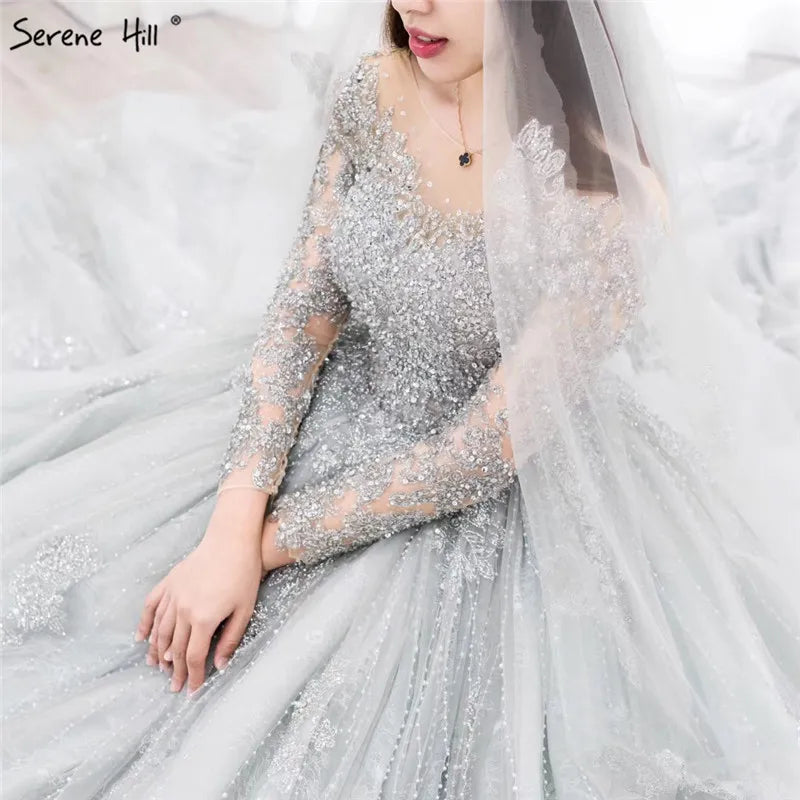Grey Long Sleeves Luxury Sexy Wedding Dress With Beading Sequined Beading High-end Vintage Bridal Gowns 2024