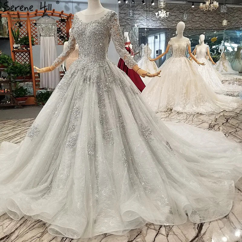 Grey Long Sleeves Luxury Sexy Wedding Dress With Beading Sequined Beading High-end Vintage Bridal Gowns 2024