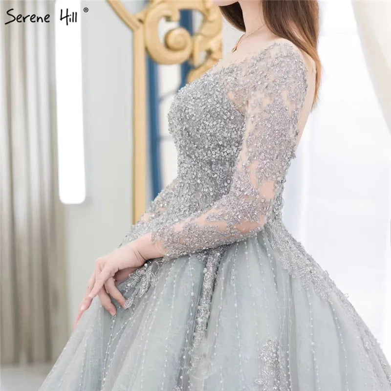 Grey Long Sleeves Luxury Sexy Wedding Dress With Beading Sequined Beading High-end Vintage Bridal Gowns 2024