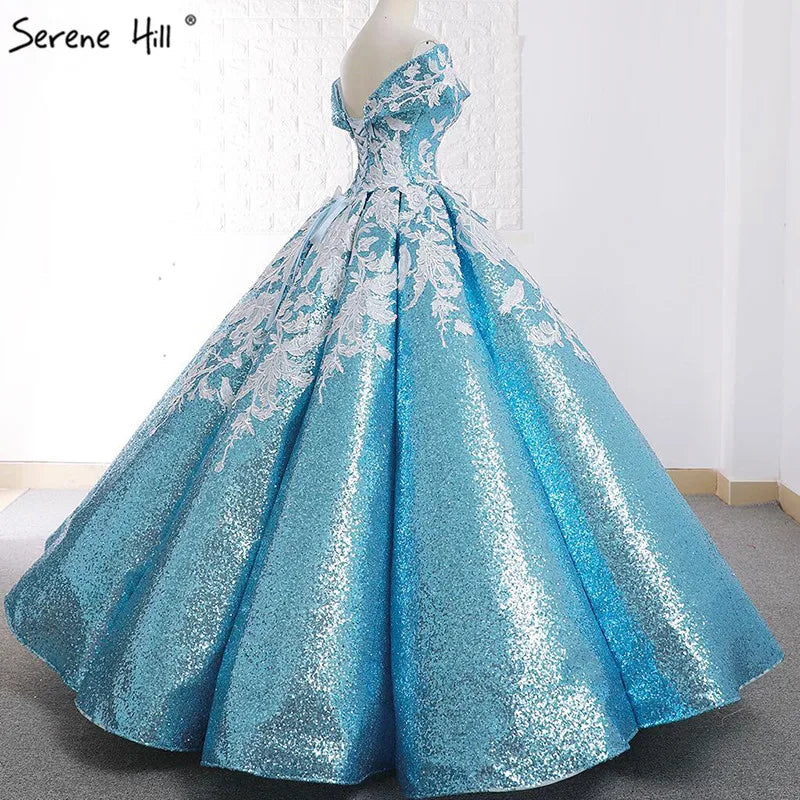 Handmade Flowers Sequined Sparkle Luxury Wedding Dress 2023 Sky Blue Off Shoulder Sexy Fashion Bridal Gown Real Photo 66667