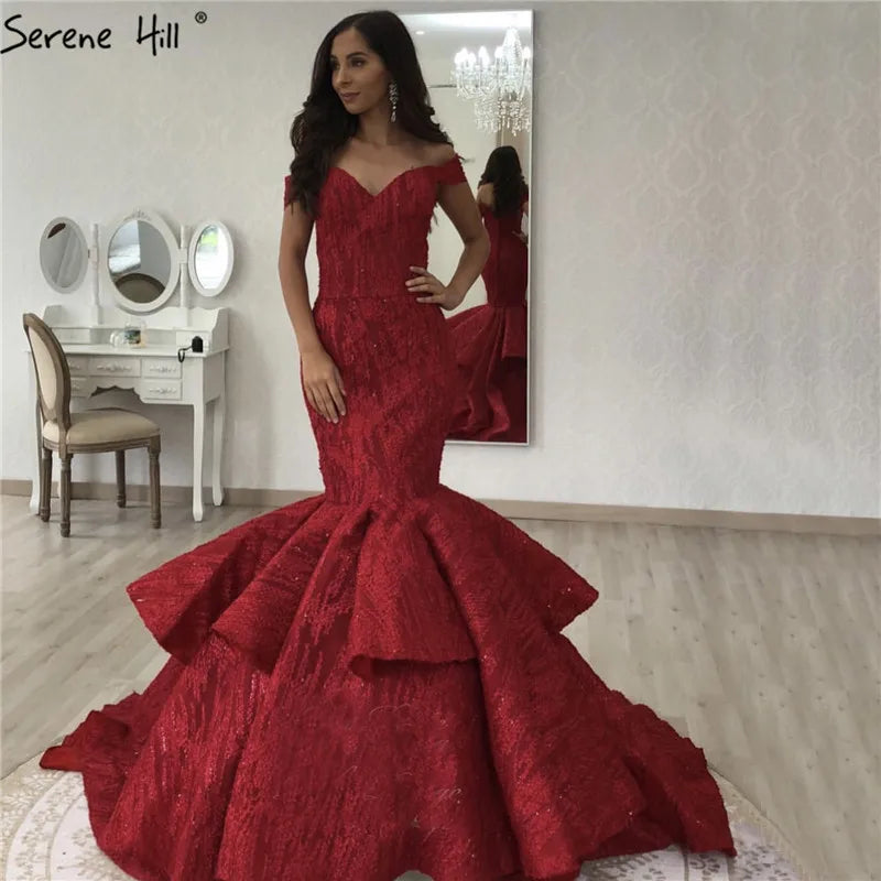 Red Newest Off Shoulder Sexy Wedding Dresses 2024 Appliques Ruffles Fashion Sexy Mermiad Bridal Gown Real Photo HM66614