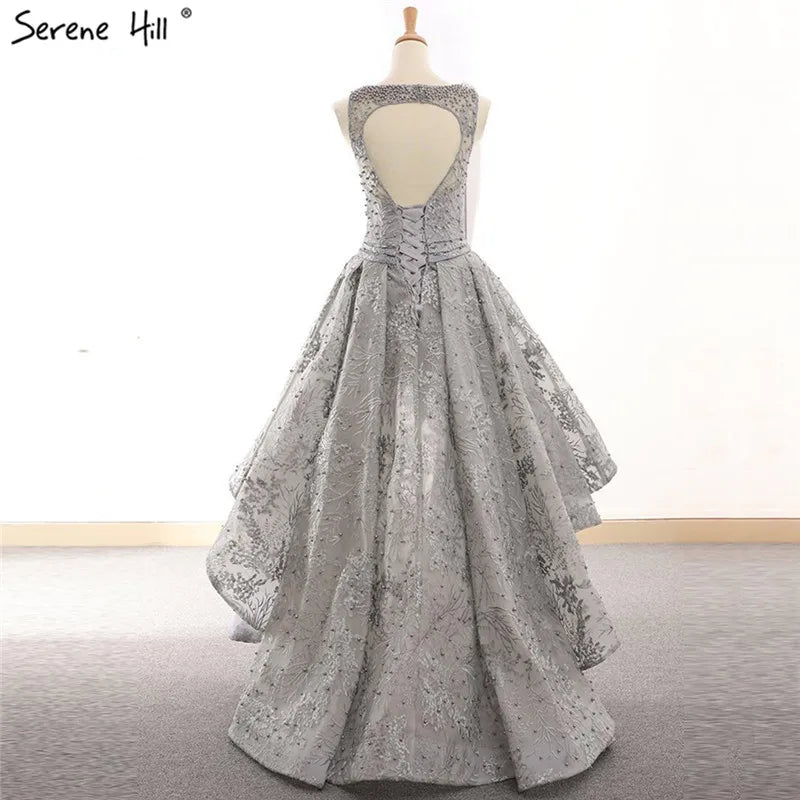 Grey Sexy Fashion Asymmetrical Tulle Evening Dresses 2024 Embroidery Pearls Sleeveless Formal Evening Gowns Serene Hill HM66595