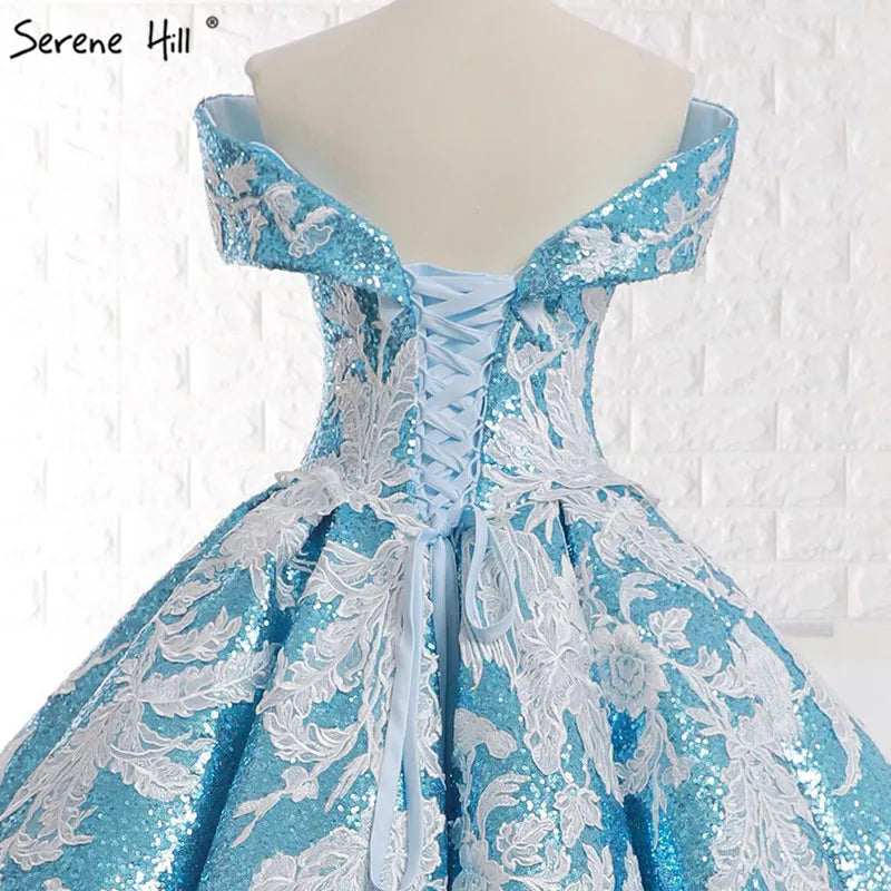 Handmade Flowers Sequined Sparkle Luxury Wedding Dress 2023 Sky Blue Off Shoulder Sexy Fashion Bridal Gown Real Photo 66667