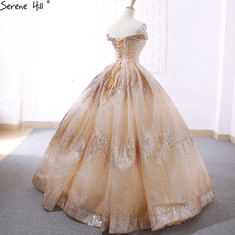 Champagne Vintage Luxury Sparkle Bridal Wedding Dress 2024 Off Shoulder Sexy Fashion Lace Up Wedding Gown Real Photo 66659
