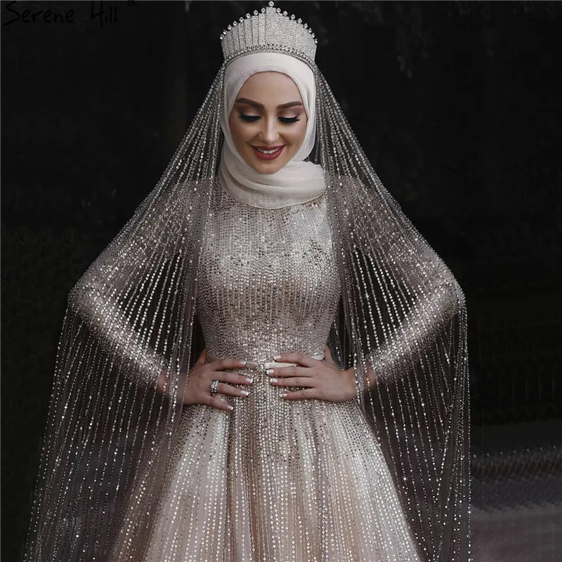 Muslim Sequined Sparkle Luxury High-end Wedding Dresses 2024 Ivory Long Sleeve Vintage Bridal Gown HA2214 Custom Made