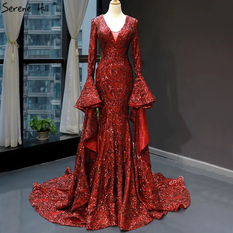 Dubai Design Wine Red Luxury Evening Dresses 2024 Sequined Long Sleeve Sparkle Fashion Bride Toasting Gowns HM66740