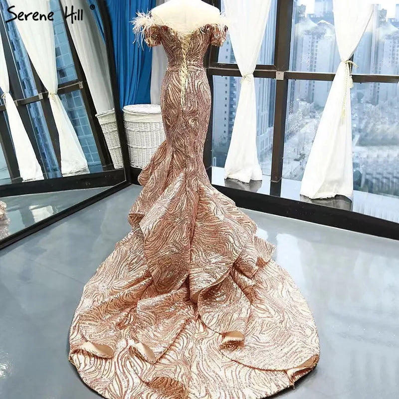 Dubai Late Gold Short Sleeves Wedding Dresses 2024 Luxury Sequined Feathers Bridal Gowns Real Photo HM66749 Custom Made