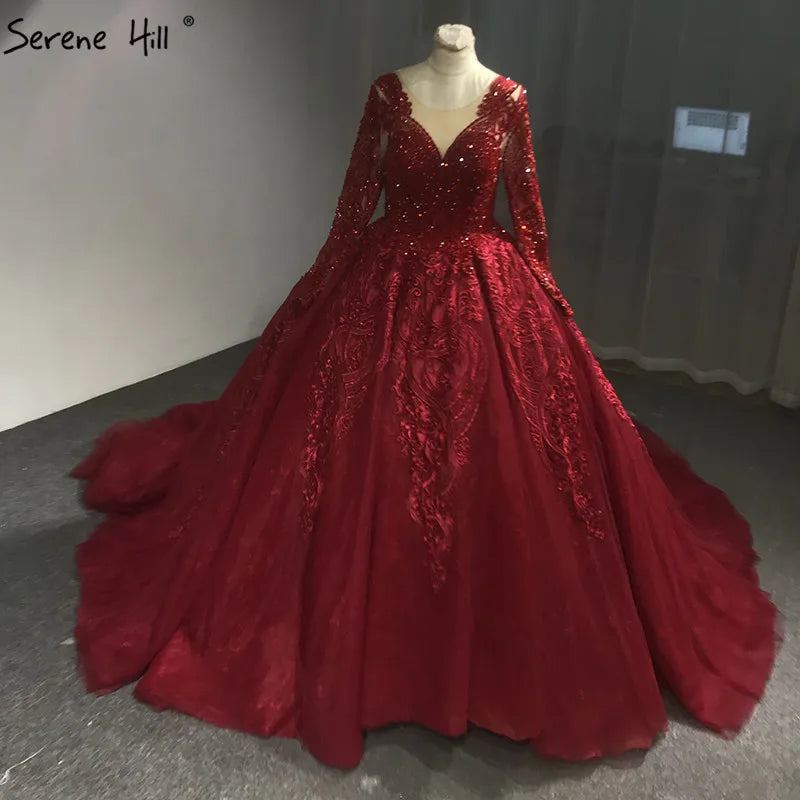 Wine Red High-end Luxury Vintage Wedding Dress 2024 Appliques Crystal Long Sleeves Sexy Bridal Gown Vestido de Novia