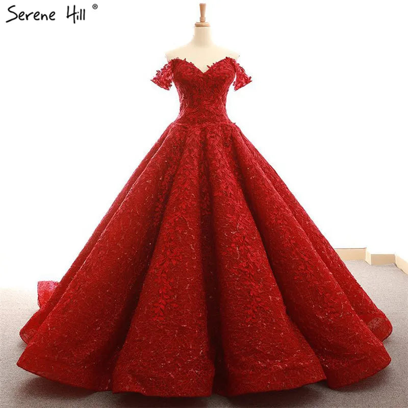 Dubai Designer Red Strapless Sexy Wedding Dresses Fashion Vintage Appliques Sequined New Bride Gowns 2024 Serene Hill HM66601