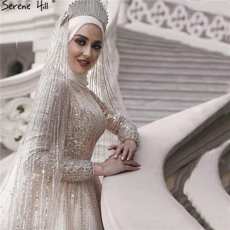 Muslim Sequined Sparkle Luxury High-end Wedding Dresses 2024 Ivory Long Sleeve Vintage Bridal Gown HA2214 Custom Made
