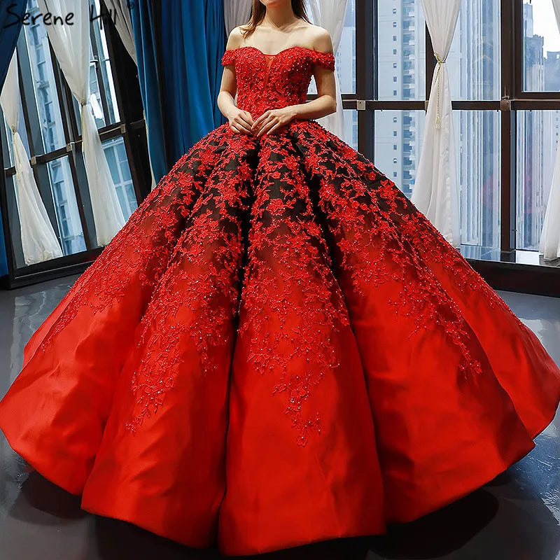 Black Red Off Shoulder Sexy Wedding Dress 2024 Vintage High-end Flowers Pearls Bridal Gowns Real Photo HM66842 Custom Made