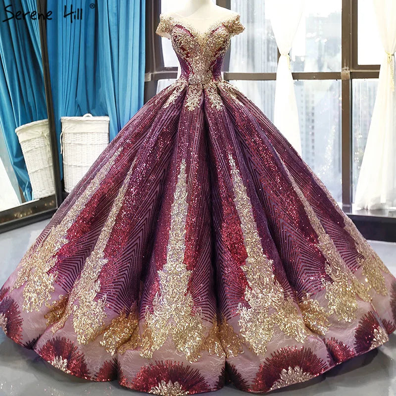 Purple Red Sleeveless Sparkly Luxury Wedding Dress 2024 Sequined High-end Sexy Bridal Gowns HM66754 Custom Made