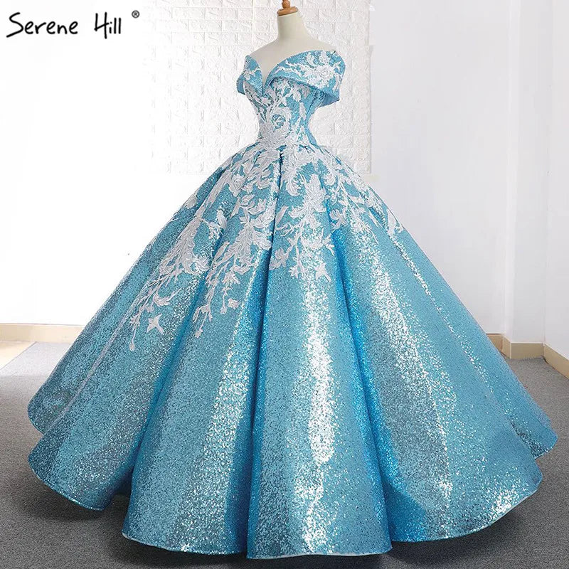 Handmade Flowers Sequined Sparkle Luxury Wedding Dress 2023 Sky Blue Off Shoulder Sexy Fashion Bridal Gown Real Photo 66667