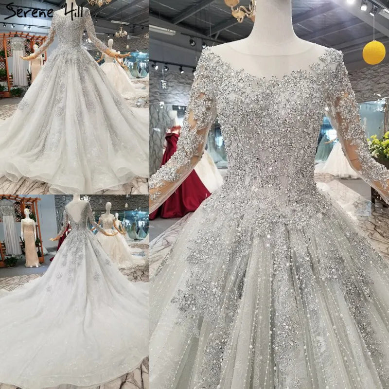 Grey Long Sleeves Luxury Sexy Wedding Dress With Beading Sequined Beading High-end Vintage Bridal Gowns 2024