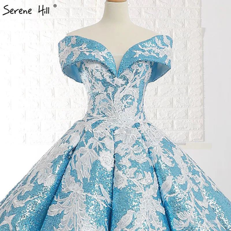 Handmade Flowers Sequined Sparkle Luxury Wedding Dress 2023 Sky Blue Off Shoulder Sexy Fashion Bridal Gown Real Photo 66667