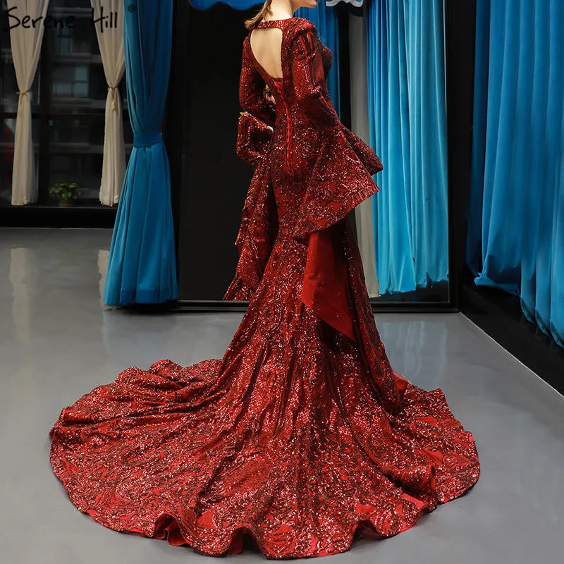 Dubai Design Wine Red Luxury Evening Dresses 2024 Sequined Long Sleeve Sparkle Fashion Bride Toasting Gowns HM66740