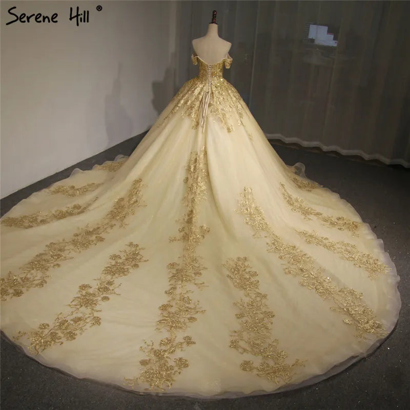 Dubai High-end Short Sleeves Luxury Wedding Dress Vintage Sexy Off Shoulder Gold Beading Sequined Wedding Bride Gown 2024