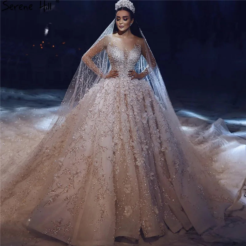 Extreme Luxury Ivory Long Sleeves Wedding Dresses 2024 High-end Handmade Flowers Sequined Bridal Gown HA2213 Custom Made