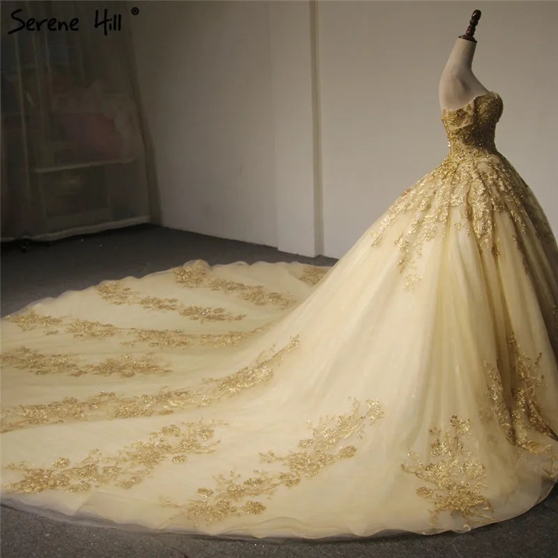 Dubai High-end Short Sleeves Luxury Wedding Dress Vintage Sexy Off Shoulder Gold Beading Sequined Wedding Bride Gown 2024