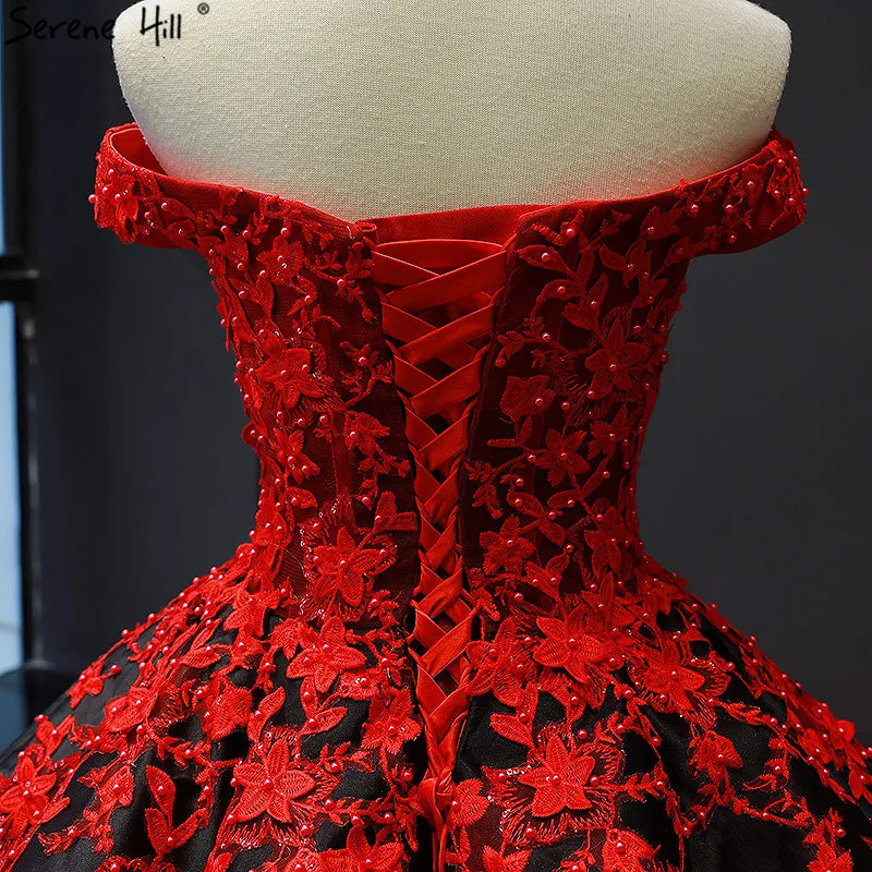 Black Red Off Shoulder Sexy Wedding Dress 2024 Vintage High-end Flowers Pearls Bridal Gowns Real Photo HM66842 Custom Made