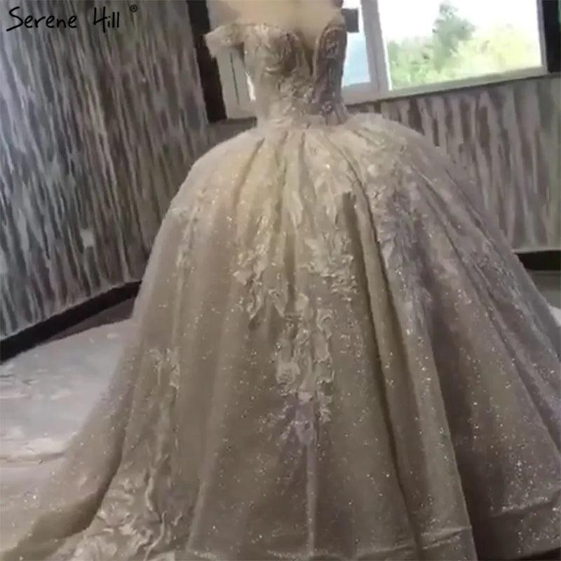 Dubai High-end Glitter Handmade Flowers Wedding Dress 2024 Off Shoulder Fashion Luxury Sexy Bridal Gown Real Picture HA2168