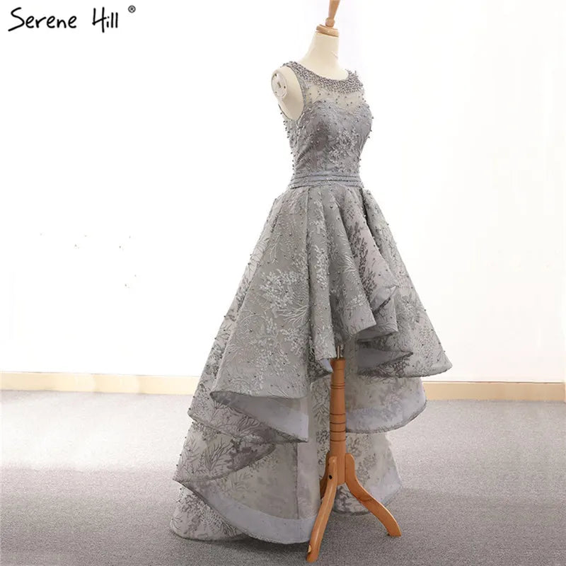 Grey Sexy Fashion Asymmetrical Tulle Evening Dresses 2024 Embroidery Pearls Sleeveless Formal Evening Gowns Serene Hill HM66595
