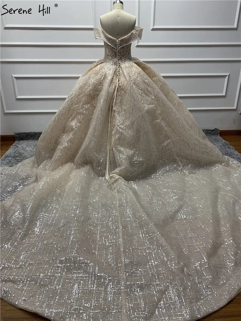 Ivory Off Shoulder Vintage Sexy Wedding Dresses 2024 Sequined Sparkle Sleeveless Luxury Bride Gown Real Photo HA2226 Custom Made