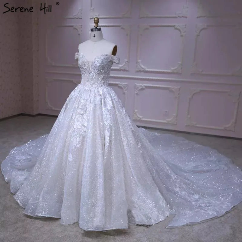 Dubai High-end Glitter Handmade Flowers Wedding Dress 2024 Off Shoulder Fashion Luxury Sexy Bridal Gown Real Picture HA2168