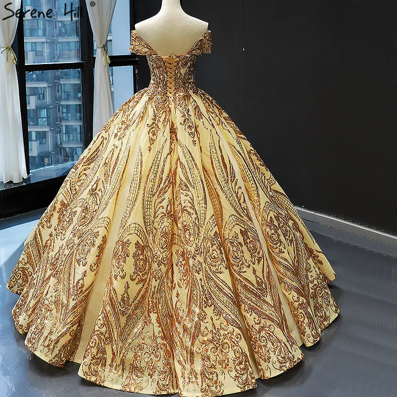 Dubai Luxury Sleeveless Gold Princess Wedding Dress 2024 Off Shoulder Sequine High-end Sexy Bridal Gowns HM66709