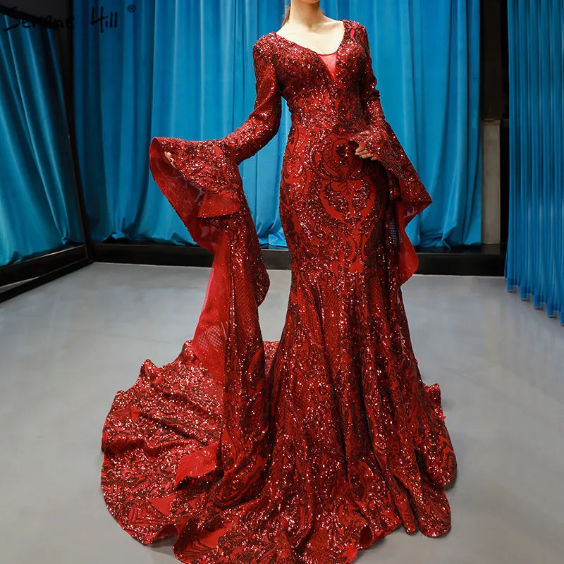 Dubai Design Wine Red Luxury Evening Dresses 2024 Sequined Long Sleeve Sparkle Fashion Bride Toasting Gowns HM66740