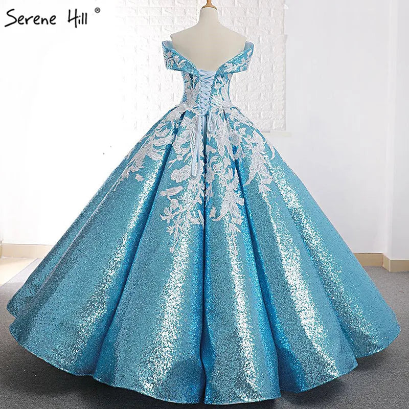 Handmade Flowers Sequined Sparkle Luxury Wedding Dress 2023 Sky Blue Off Shoulder Sexy Fashion Bridal Gown Real Photo 66667