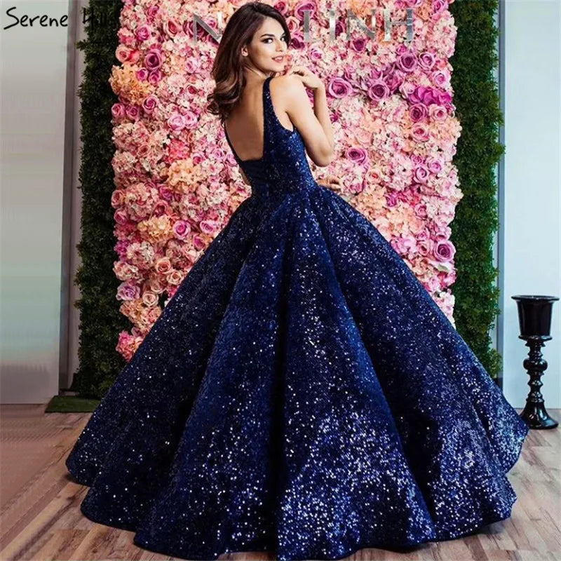 Blue Luxury Dubai Design V-Neck Wedding Dresses 2024 Sequin Sparkle Sleeveless High-end Wedding Gown Real Photo