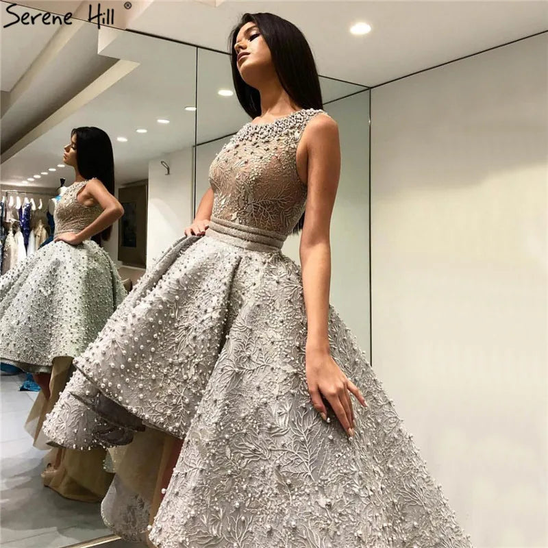 Grey Sexy Fashion Asymmetrical Tulle Evening Dresses 2024 Embroidery Pearls Sleeveless Formal Evening Gowns Serene Hill HM66595