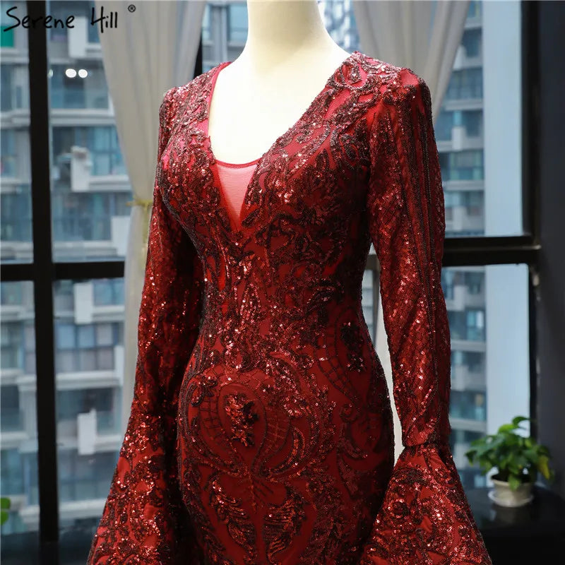 Dubai Design Wine Red Luxury Evening Dresses 2024 Sequined Long Sleeve Sparkle Fashion Bride Toasting Gowns HM66740
