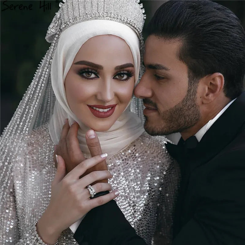 Muslim Sequined Sparkle Luxury High-end Wedding Dresses 2024 Ivory Long Sleeve Vintage Bridal Gown HA2214 Custom Made