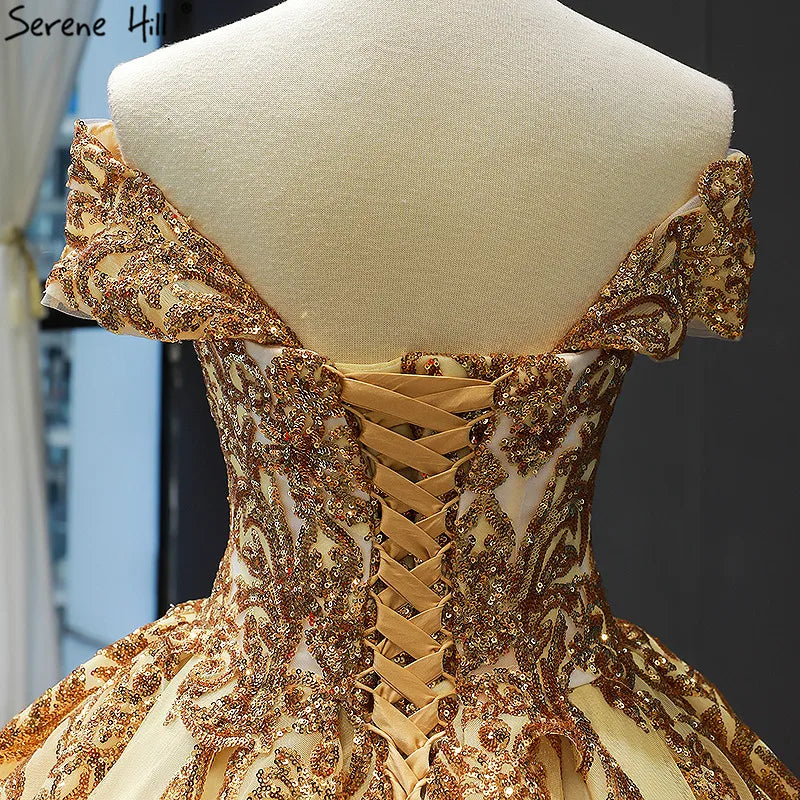 Dubai Luxury Sleeveless Gold Princess Wedding Dress 2024 Off Shoulder Sequine High-end Sexy Bridal Gowns HM66709