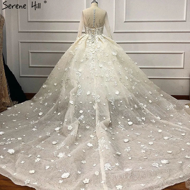 Extreme Luxury Ivory Long Sleeves Wedding Dresses 2024 High-end Handmade Flowers Sequined Bridal Gown HA2213 Custom Made