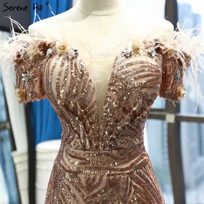 Dubai Late Gold Short Sleeves Wedding Dresses 2024 Luxury Sequined Feathers Bridal Gowns Real Photo HM66749 Custom Made