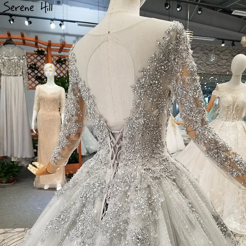 Grey Long Sleeves Luxury Sexy Wedding Dress With Beading Sequined Beading High-end Vintage Bridal Gowns 2024