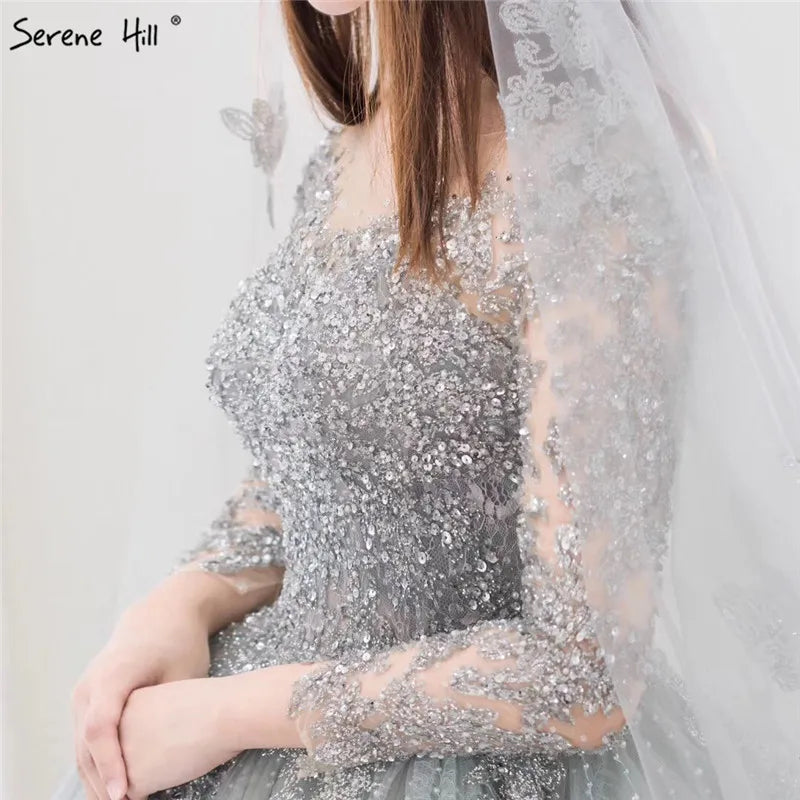 Grey Long Sleeves Luxury Sexy Wedding Dress With Beading Sequined Beading High-end Vintage Bridal Gowns 2024