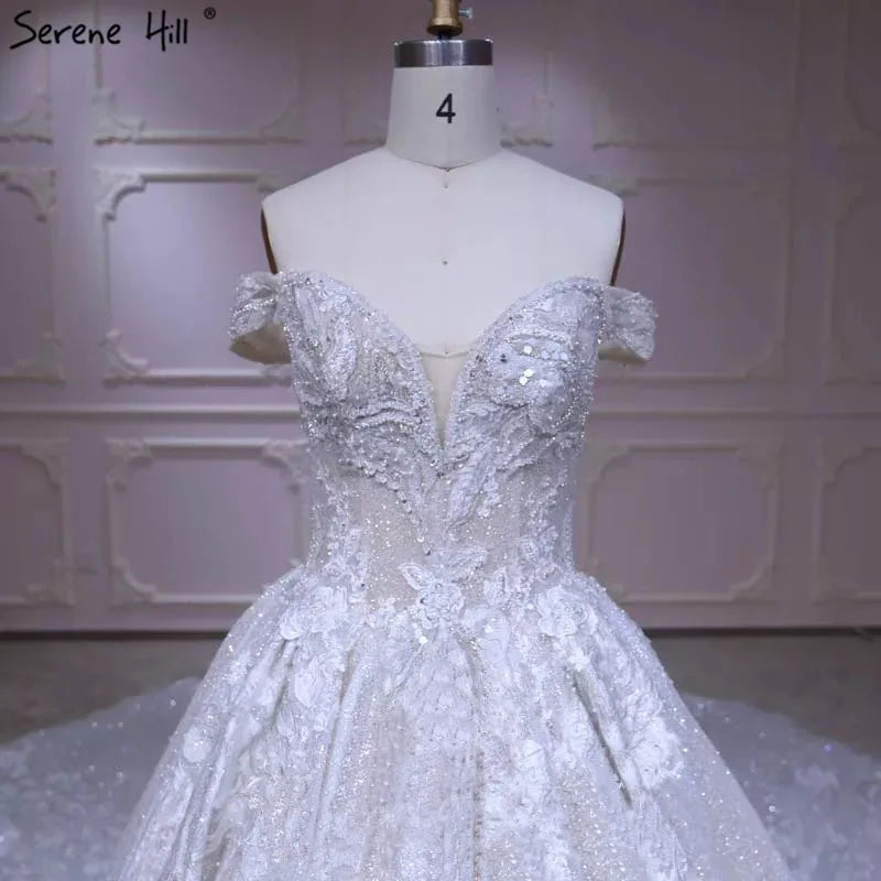 Dubai High-end Glitter Handmade Flowers Wedding Dress 2024 Off Shoulder Fashion Luxury Sexy Bridal Gown Real Picture HA2168