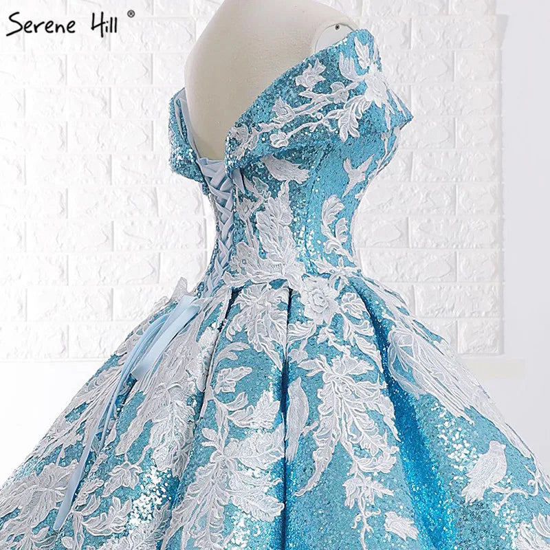 Handmade Flowers Sequined Sparkle Luxury Wedding Dress 2023 Sky Blue Off Shoulder Sexy Fashion Bridal Gown Real Photo 66667