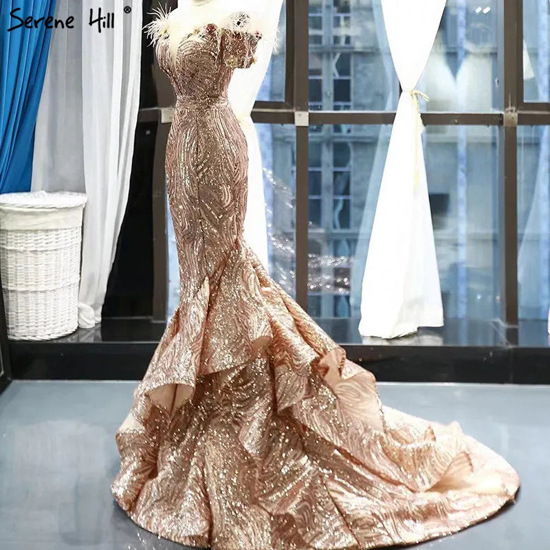 Dubai Late Gold Short Sleeves Wedding Dresses 2024 Luxury Sequined Feathers Bridal Gowns Real Photo HM66749 Custom Made